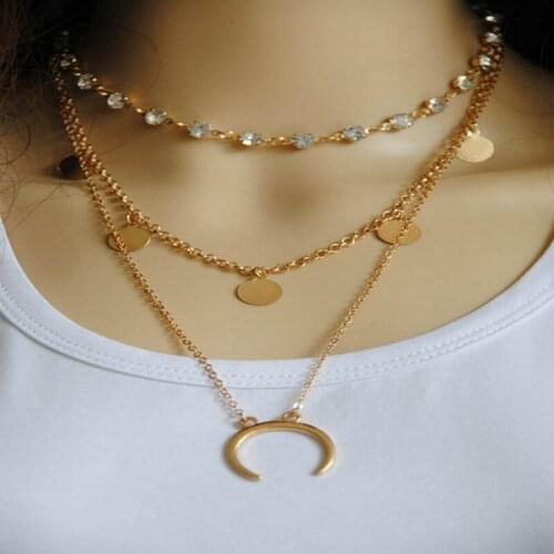 New Statement Necklace Zircon Disc Multi-layer Necklace Crescent Pendant Necklace Fashion Jewelry Necklace Women Wholesale