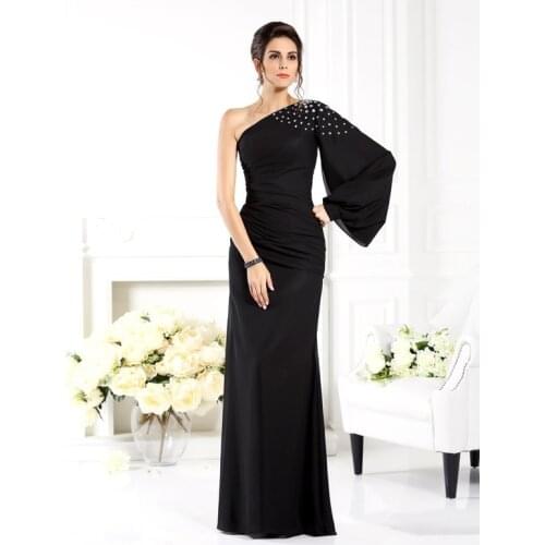 Sheath/Column One-Shoulder Beading Long Sleeves Black Chiffon Mother of the Bride Dresses