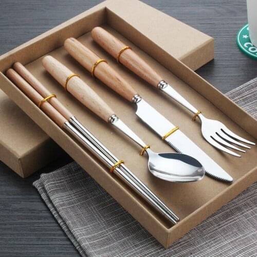 Wooden Spoon Gift Set, Beech Handle, Stainless Steel Knife, Fork, Spoon, Chopsticks, Four Piece Outdoor Portable Tableware