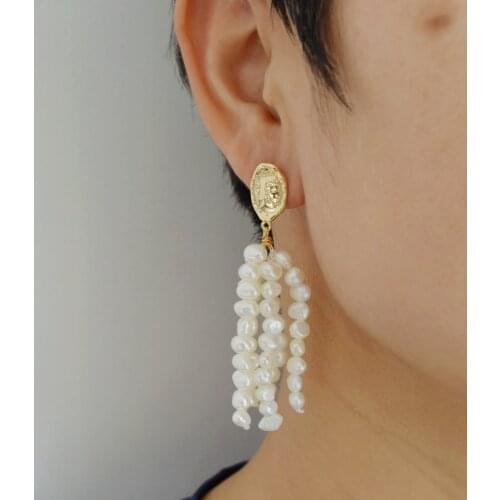 Luxury tassel earrings, white baroque pearls, long earrings, handmade creative jewelry, gold coin pearl earrings
