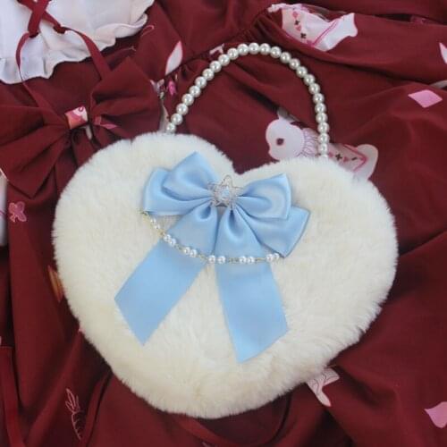 Cute Lolita Girl Heart Shape Faux Fur Hangbag White Shoulder Bag Pearl Chains Small Purse Bag Multi Colors Bows Trim