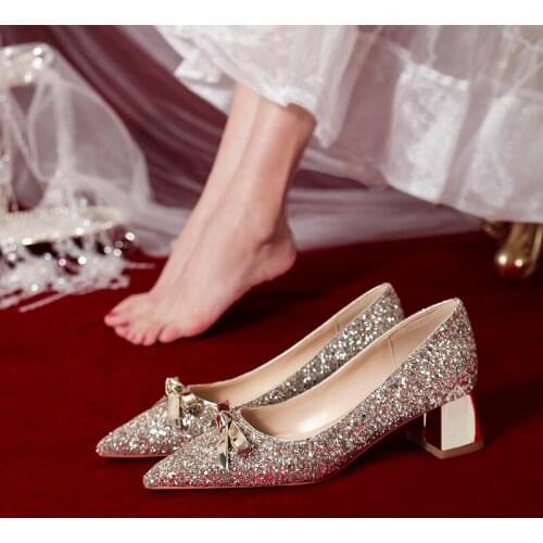 Crystal shoes wedding shoes thick heel 2021 new Sequin high heel shoes bridal dress shoes winter pregnant women wedding shoes