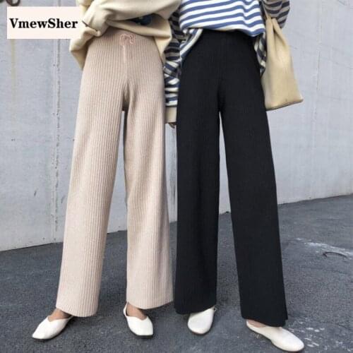 VmewSher New Solid Wide Leg Knitted Pants Women Autumn Spring Drawstring Loose High Waist Casual Elegant Female Soft Trousers