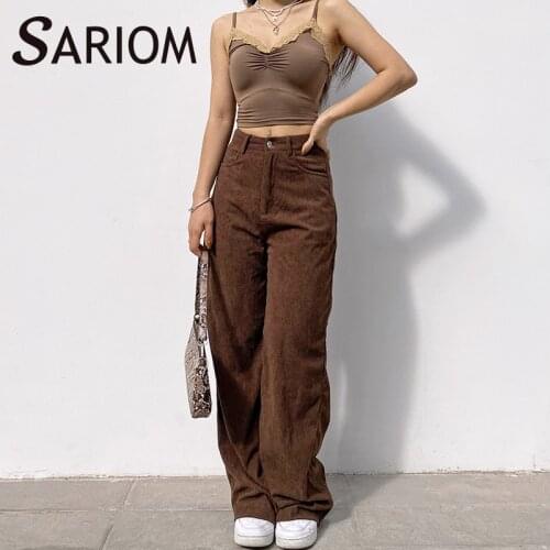 High Waist Khaki Brown Corduroy Bell Bottom Pants Streetwear Pantalones Grunge Autumn Hip Hop Baggy Pleated Wide Leg Trousers