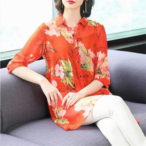 2021 Summer Tops Loose Mid-Length Colors Printed Chiffon Shirt Womens Thin Lapel Three-Quarter Sleeve Temperament Blouse zh1202
