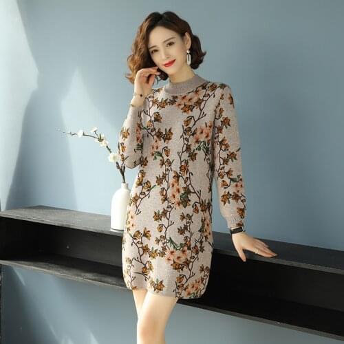 Women Thermal Sweater Dress Winter Thicken Velvet Sweaters Ladies Floral Printed Knit Dress Pullover Warm Sweater Plus Size