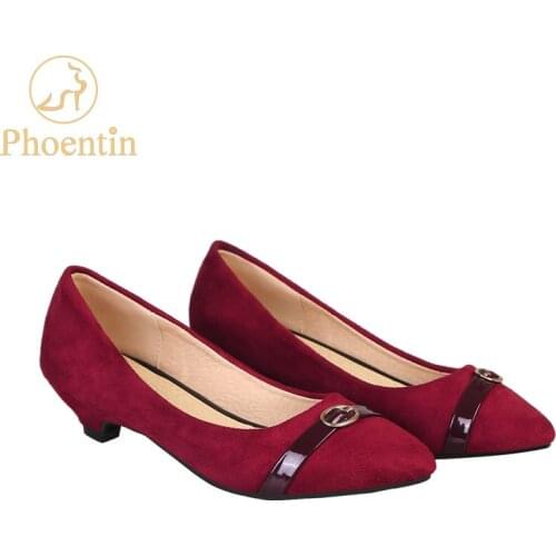 Phoentin red kitten heels women shoes 2019 slip on low heels pumps with buckle large size concise female footwear black FT612
