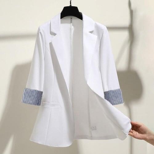 New Fashion Women Autumn 3/4 Sleeve Lapel Button Slim Blazer Coat Striped Cuff Office Jacket