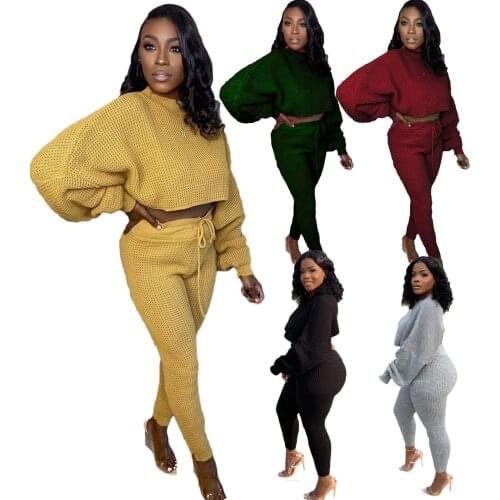 2021 women clothes 2 piece set women long sleeve fashion o neck waffle knitting sport suit casual two piece set