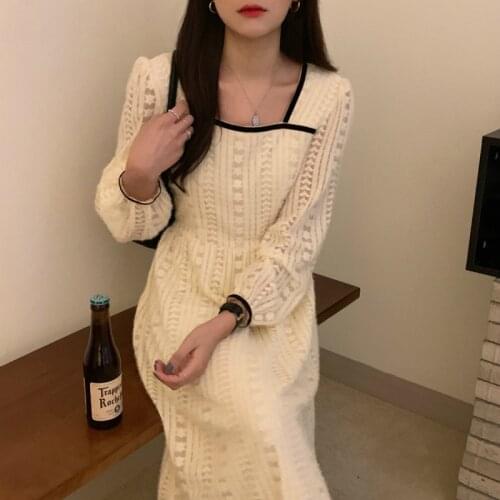 2021 New Women Spring Elegant Squre Collar Lace Long Dress Full Sleeve High Waist A-line Dresses