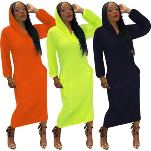 Fall Clothes Solid Long Sleeve Hooded Sweater Sexy Dress Party Maxi Dresses for Women Nightclub Streetwear Y2k Wholesale Items