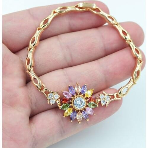 Gold Color AAA+ Cubic Zirconia Fashion Women Multicolor CZ Sunflower Charm Bracelet Jewelry