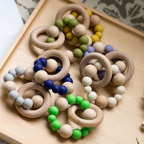 1pc Baby Nursing Bracelets Silicone Beads Teether Wooden RattlesTeething Wood Rings Rodent Toys Baby Teether Bracelets Products