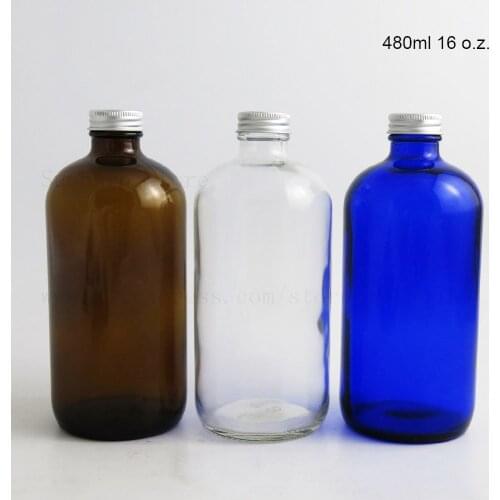 240PCS 16 Oz 480ml Blue Clear Deep Amber Nice Boston Round Glass Bottle with Silver Aluminum Cap