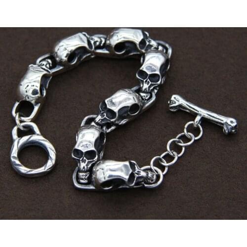 38g 100% Solid Sterling Silver 925 Skull Toggle Bracelet Men Women Thick Band Cool Antique Silver 925 Jewelry Men Free Box Gifts