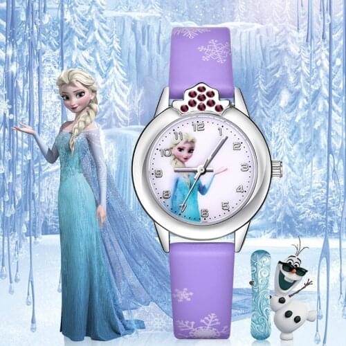 Disney Frozen Princess Anime Figure Children Watch Fashion Crystal Cartoon Leather Quartz Wristwatch for Girls Kids Toys Gifts