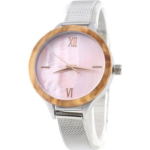 Dropshipping Luxury Roman Numerals Silver Mesh Band Pink Shell Dial Women Quartz Wrist Olive Bamboo Watch
