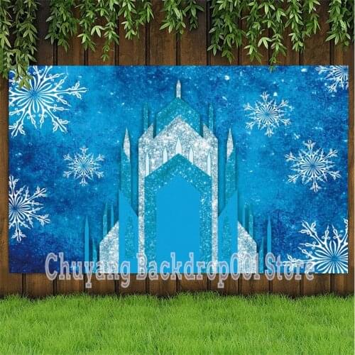 Winter Blue White Frozen Snowflake Palace Buidlings Photography Background Newborn Baby Shower Kids Birthday Portrait Backdrops