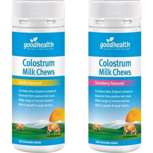 Good Health Colostrum Chewable 150 Strawberry Vanilla IgG Milk Protein Calcium Vitamins Support General well-being Immune system