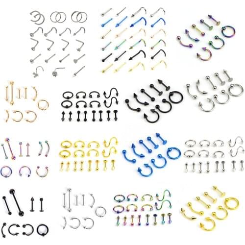 8/16/21Pcs/set Body Jewelry Crystal Nose Hoop Ring Bone Bar Pin Cartilage Piercing Studs Jewelry Gift Studs