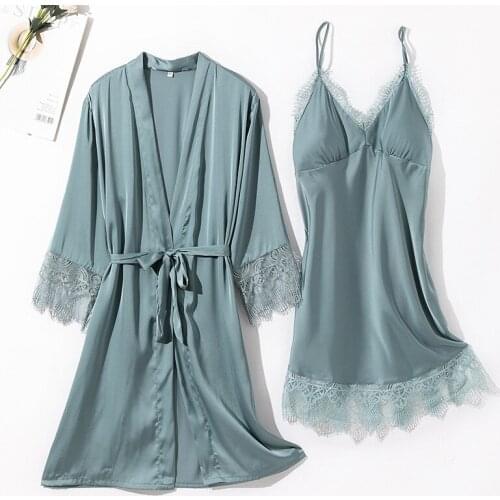 Lace 2PCS Robe Set Women Bridal Wedding Kimono Bath Gown Sexy Bridesmaid Summer Dressing Suspender Nightgown Suit With Bras