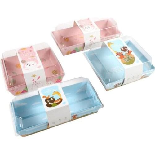 50pcs Cartoon Animal Sandwich Box Square Rectangle Kraft Paper Boxes Cake Bread Snack Packaging Container Clear Lid