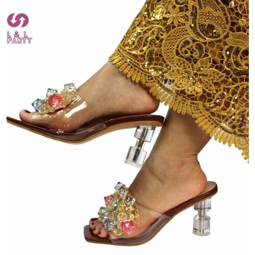 Fashion New Arrivals Transparent Heels Slipper in Coffee Brown Color High Quality Special Designe for Garden Party