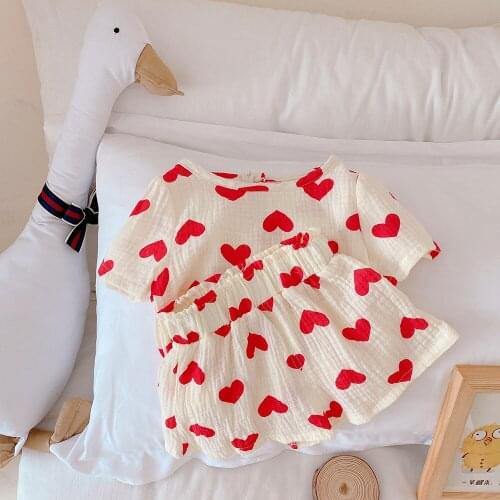 Girls Clothes 2021 New Korean Childrens Summer Love Two Piece Set Cotton Flying Sleeve T-shirt Shorts Set Ct018
