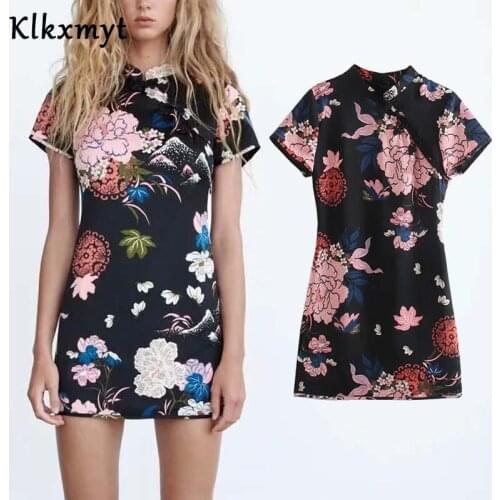 Klkxmyt Za Dress Woman 2021 Black Satin Floral Short Dresses Women Short Sleeve Summer Dress Vintage Chinese Style Mini Dress