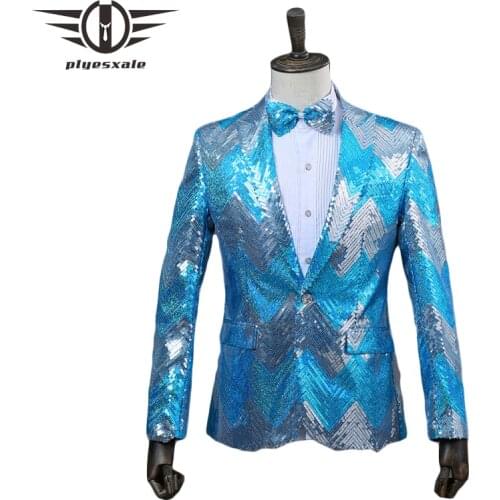 Plyesxale Shiny Blazer For Men 2018 Gradient Blue Green Sequin Blazer Jacket Brand Mens Wedding Prom Party DJ Stage Blazers Q295