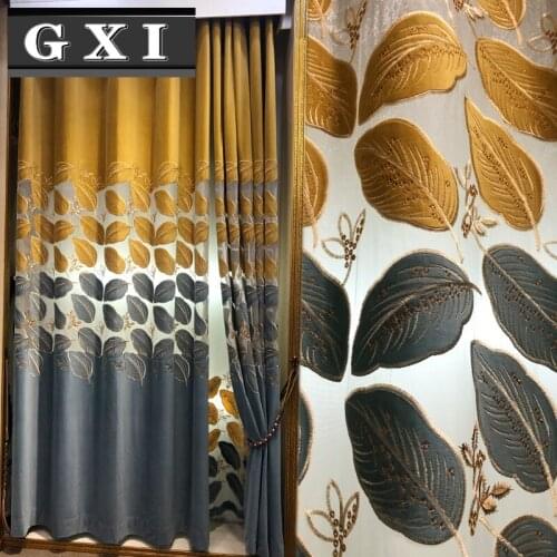 GXI Luxury Golden Leaf Semi-Blackout Curtain for Living Room Bedroom Hollow-out Velvet Embroidered Window Drapes cortinas