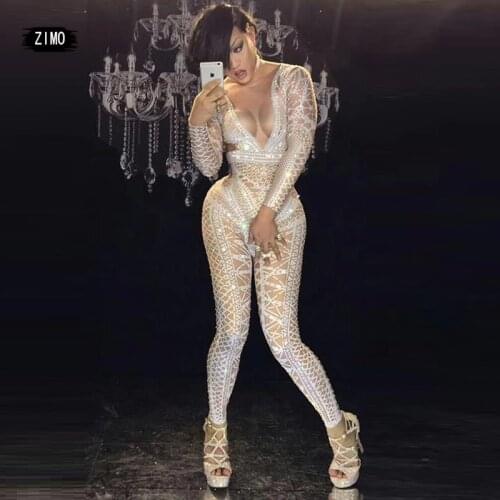 Sexy White glitter Jumpsuit womens rhinestone Costume One piece Nightclub Outfit Party Wear Dance Singer Stage Performance gogo