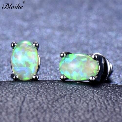 Blaike Boutique Green Fire Opal Stud Earrings For Women Silver Color Engagement Birthstone Jewelry Halloween Gifts