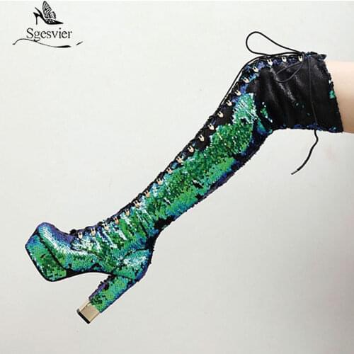 SgesvierGlitter Over The Knee Boots Women Shoes Fashion Platform Shoes Women Winter Boots Long Thick High Heels High Quality