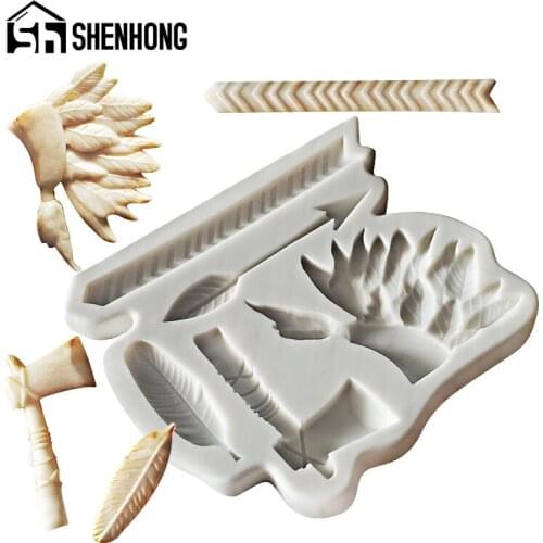 SHENHONG Clay Resin Molds Feather Headdress Silicone Cake Mold Stone Axe Arrow Fondant Decorating Mould Sugar Craft Baking Tools