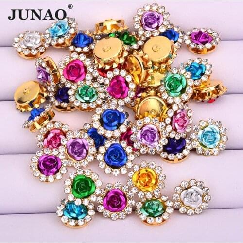 JUNAO 10 12 14 mm Mix Color Sewing Rhinestones Applique Strass Rose Resin Cabochon Stones Flower Crystals for Needlework Crafts