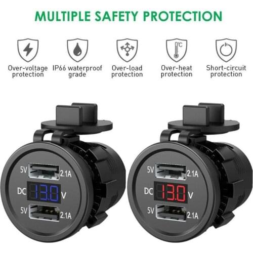 5V 2.1A Waterproof Dual Ports USB Charger Socket Adapter Power Outlet with Voltage Display Voltmeter for 12-24V Car Boat
