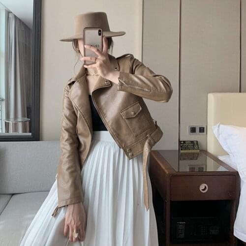 New Spring Women Beige Leather Coat Long Sleeve With Belt Faux Leather Female Punk Outerwear Ladies Casual Moto Biker Jacket