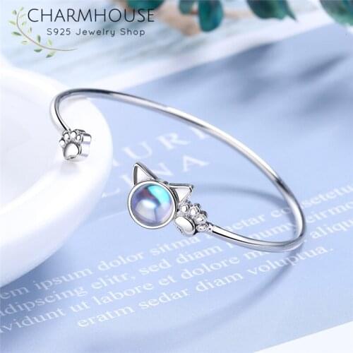 Pure Silver Cuff Bangles & Bracelets For Women Moonstone Cat Bangle Pulseira Femme Korea Style Rhinestone Jewelry Accesories