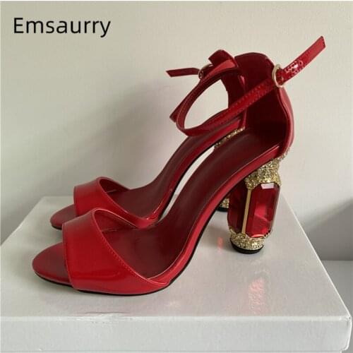 Luxury Jeweled Ruby Heel Banquet Shoes Woman Bright Patent Leather Cover Heels Crystal Diamond High Heel Sandals Women