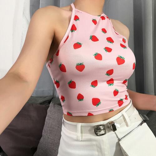 Chic Strawberry Sexy Strap Bralette Crop Top Sexy Sleeveless Halter Tops Women Off Shoulder Summer Tank Top Fashion Slim hot