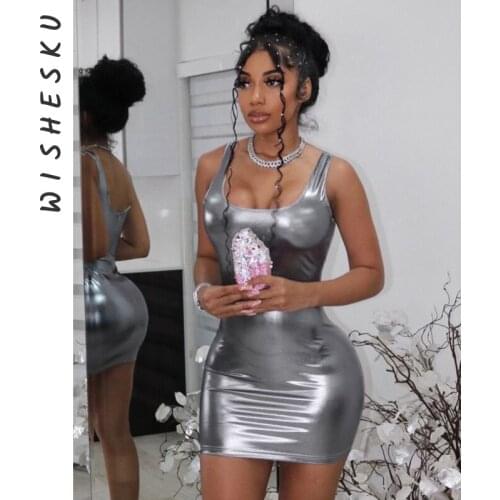 2021 Summer Pink Sleeveless Low-Cut Backless Slim Package Hip Silver Dress Bodycon Elegant Sexy Dress Y2K