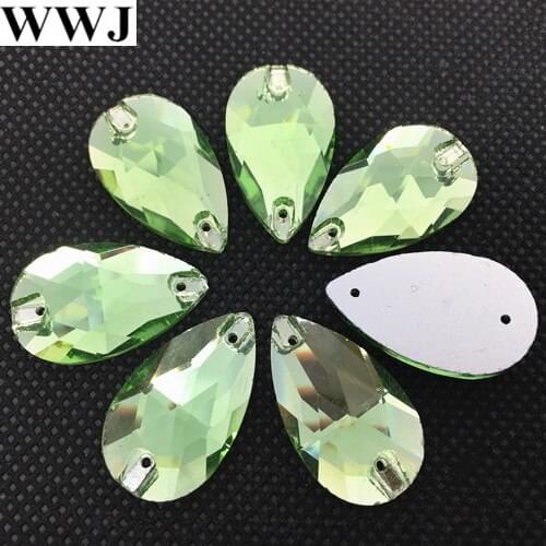 15pcs/lot 17x28mm Peridot Color Teardrop Glass Crystal Sew on Rhinestone Flatback 2 holes Pear Droplet Sewing Crystal Beads