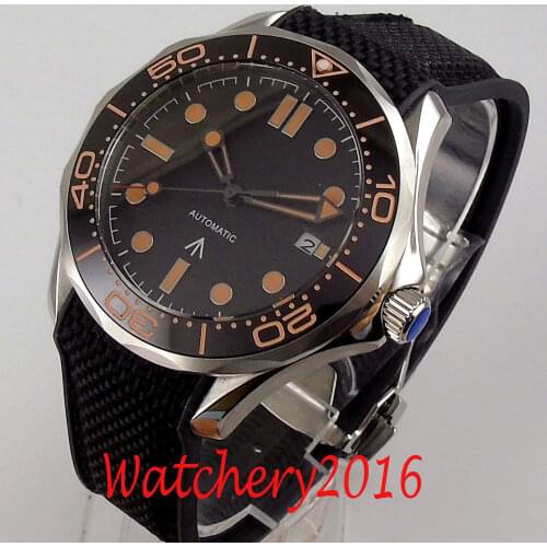 41mm Bliger Black Dial Luminous Rubber Ceramic Bezel Date Sapphire Glass NH35 Date Automatic Mens Watch