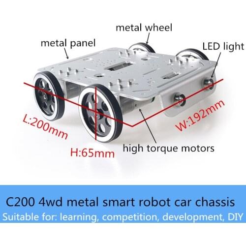 5KG Load C200 4wd full metal smart robot car chassis kit 65mm metal wheel high torque DC motor DIY education free LED light