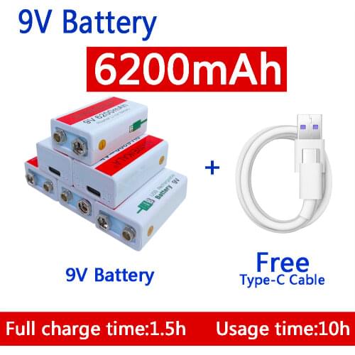 9V battery 6200mAh li-ion Rechargeable battery Micro USB Battery 9v lithium for Multimeter Microphone Toy +USB charging cable