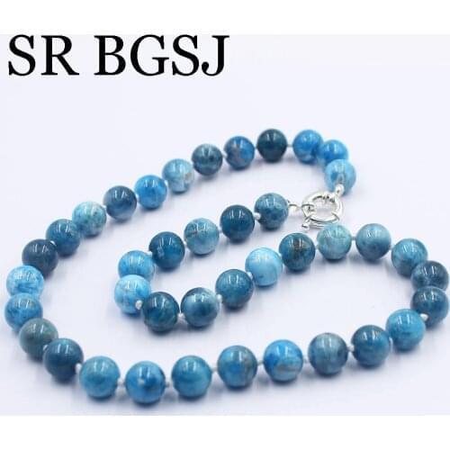 Free Ship 10mm Blue Apatite Round Beads Knot Genuine Stone Chocker Women Jewelry Necklace Strand 17.5inch