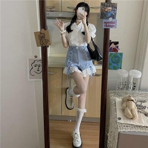 French Style Elegant Fashion Two Piece Set for Women Summer Slim Fit Shirt Puff Sleeve V-neck Blusas RuffleWide Leg Denim Shorts