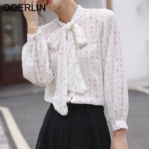 QOERLIN Beaded Pearl Elegant Blouse Women Autumn Spring Bowtie White Shirts Female Plus Size Flower Printed Blusa Mujer Korean