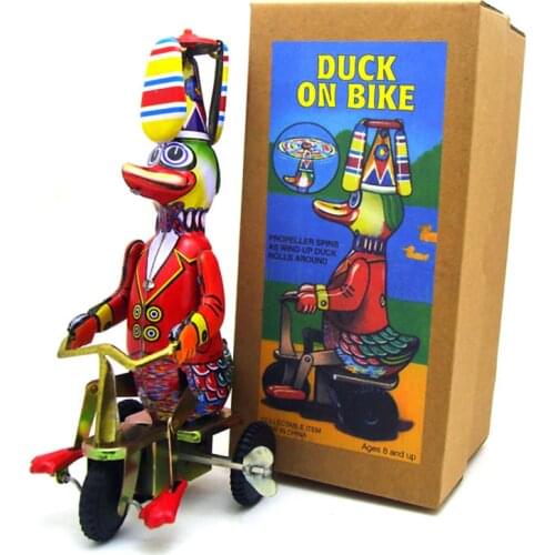 Duck Riding a Tricycle Tin Toy Childhood Clockwork Winder Vintage Handmade Collection Home Action Figure Metal Wind Up Toys